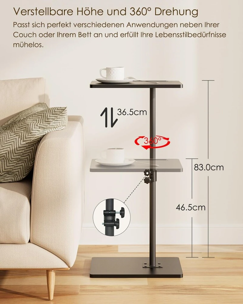 Heyzoey staliukas, c formos reguliuojamo aukščio staliukas prie sofos, 360° besisukantis kavos staliukas, mažas, 40 x 30 x (45–81) cm, medinis kavos staliukas, nešiojamojo kompiuterio staliukas miegamajam, svetainei, biurui (rustiškai juodas)
