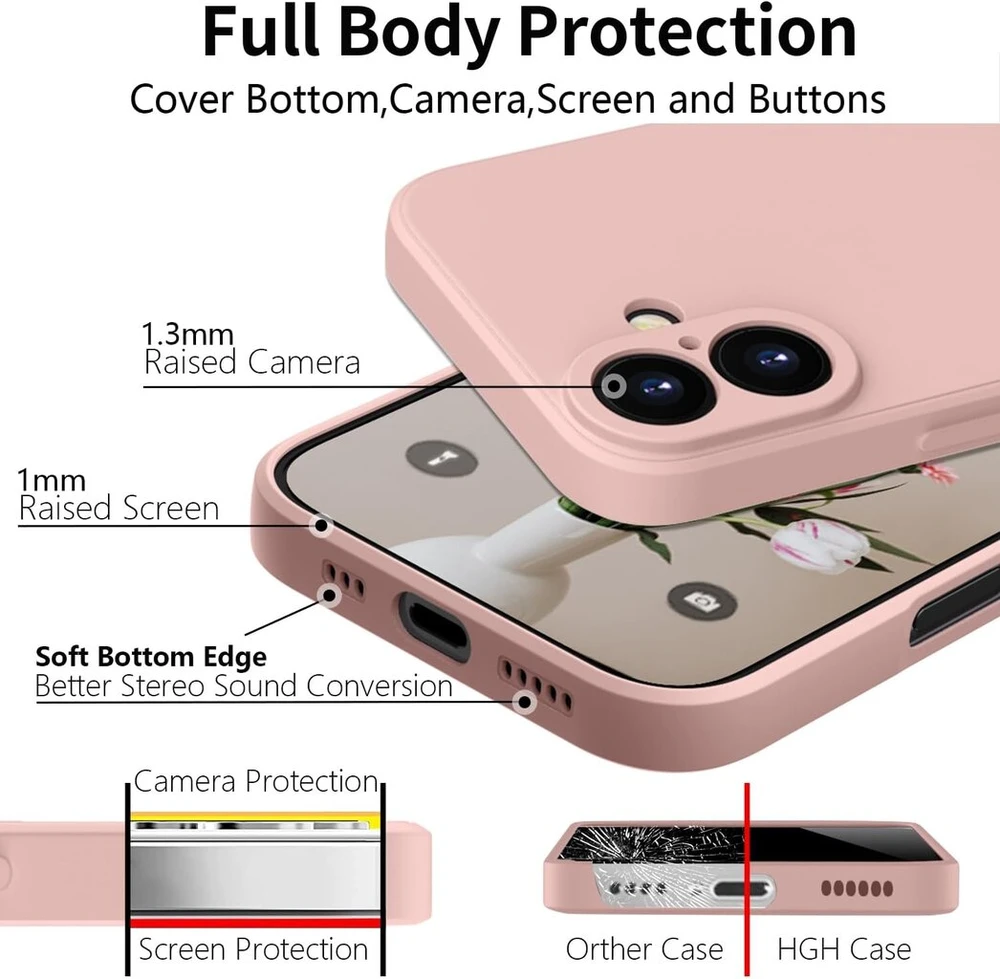 Hgh silikoninis dėklas, skirtas iphone 16 su 1 virvele, mobiliojo telefono dėklas, skirtas iphone 16, plona visapusiška apsauga su mikropluošto pamušalu, atsparus įbrėžimams apsauginis dėklas, skirtas iphone 16 6,1 colio rožinis