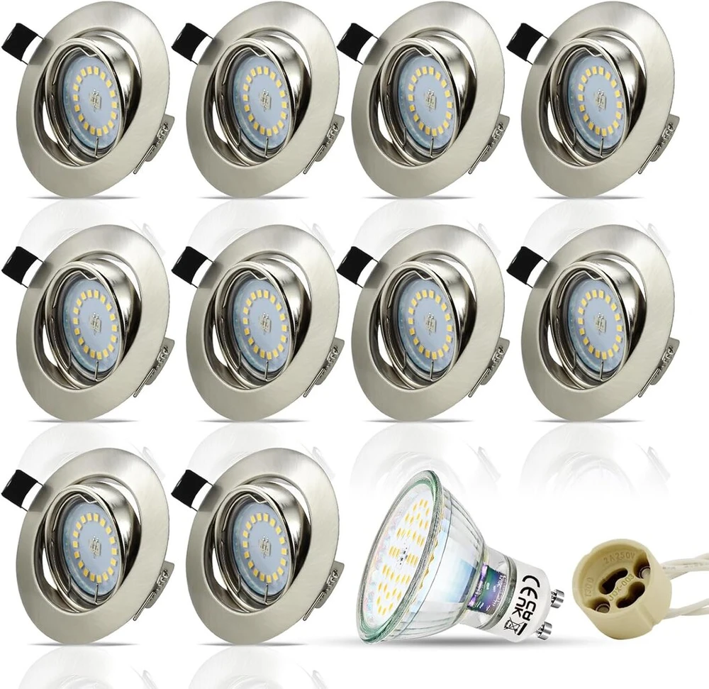 Lubinis šviestuvas Hibay 10 Led prožektorių rinkinys 230 V Gu10 Pasukamas įleidžiamas šviestuvas 68 mm skylės dydis Lubiniai prožektoriai Apvalus įleidžiamas prožektorius su 5 W šiltai balta lempute