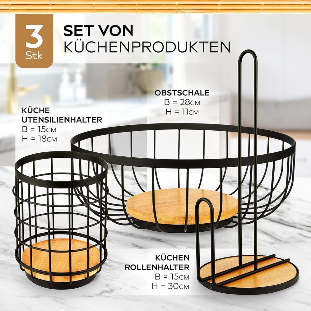 Hikitchen® [3 dalių rinkinys: vaisių krepšiai, vaisių dubenys, virtuvinio popieriaus laikiklis, virtuvės įrankių laikiklis, virtuvės įrankiai, laikymo indai, dekoratyvinis dubuo, juodas, metalinis, bambukinis]