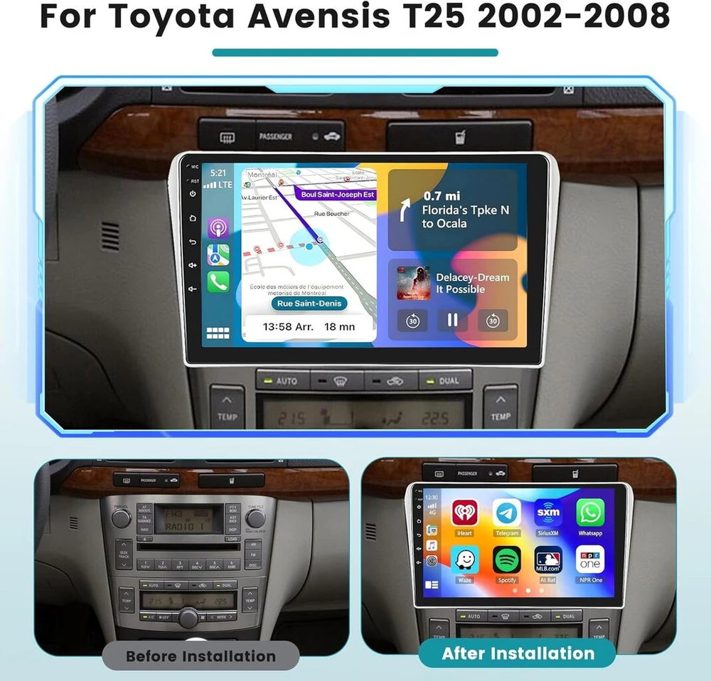 Automagnetola Hikity 2g 64g Android13 automobilinis radijas Toyota Avensis T25 2002-2008 su belaidžiu Carplay Android Auto, 9 colių jutiklinis ekranas, Gps navigacija, Bluetooth Wifi Rds Fm Mic, atbulinės eigos kamera