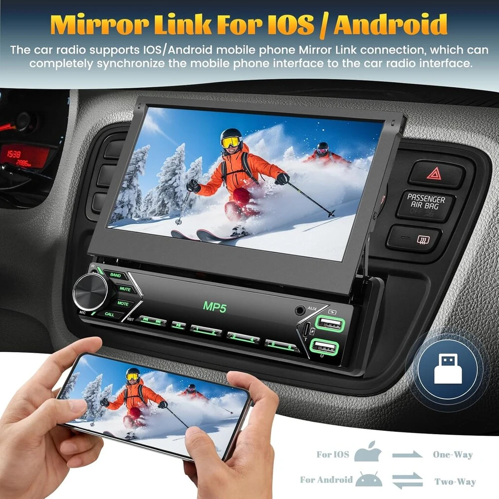 Automagnetola Hikity Automobilinis Radijas 1din su Ištraukiamu Ekranu, 7 Colių Rankiniu Būdu Ištraukiamas Ekranas 1 Din Radijas su Bluetooth Laisvų Rankų Įranga Fm Type-c 2usb Aux Mirror Link Swc Atbulinės Eigos Kamera