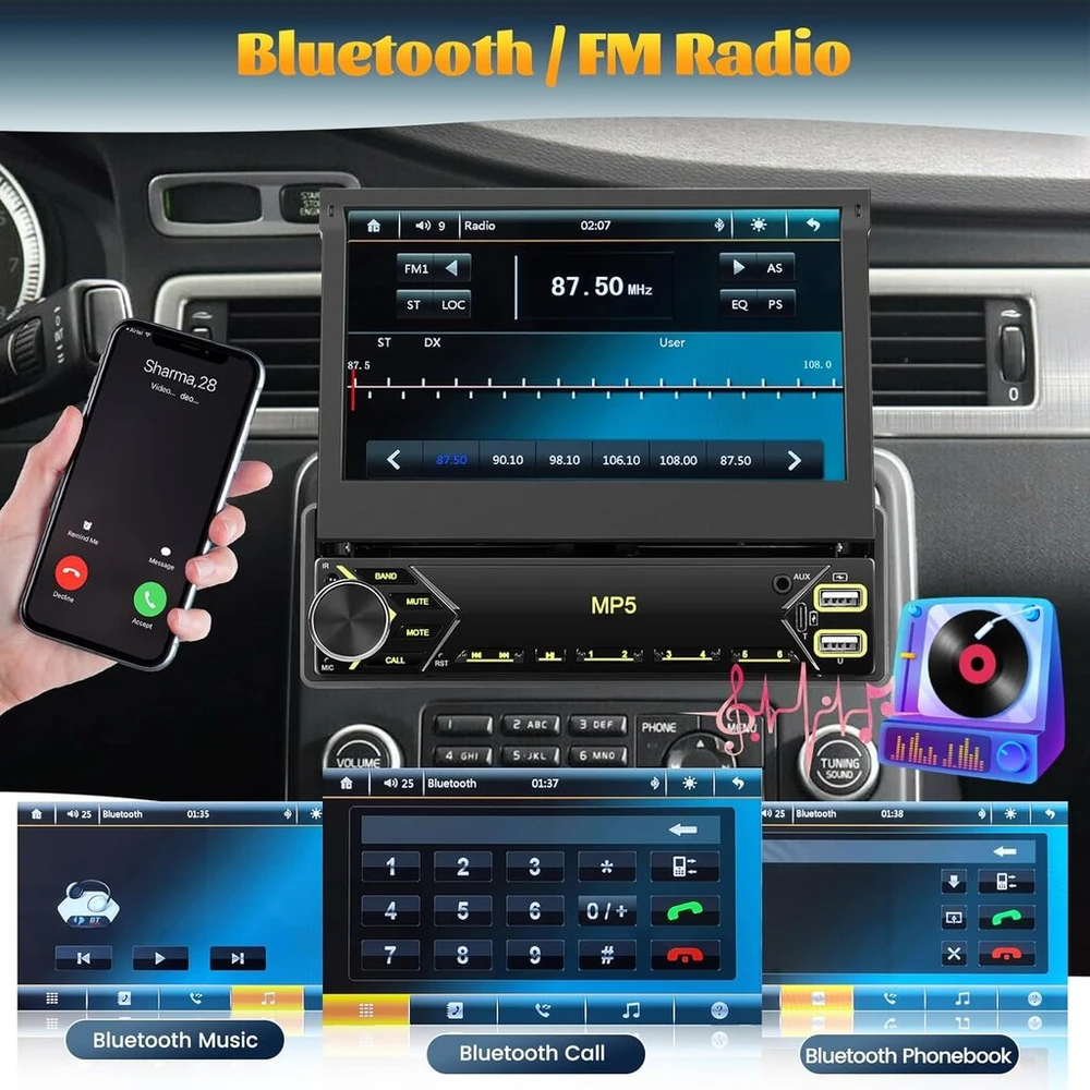Automagnetola Hikity Automobilinis Radijas 1din su Ištraukiamu Ekranu, 7 Colių Rankiniu Būdu Ištraukiamas Ekranas 1 Din Radijas su Bluetooth Laisvų Rankų Įranga Fm Type-c 2usb Aux Mirror Link Swc Atbulinės Eigos Kamera