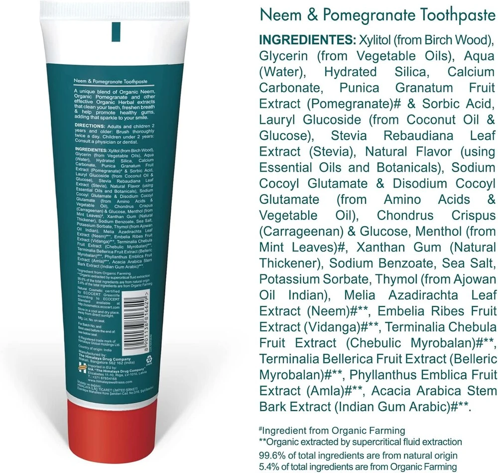 Himalaya Organique Neem & Pomegranate dantų pasta be fluorido, vegetariška, 150 g (3 pakuotė)