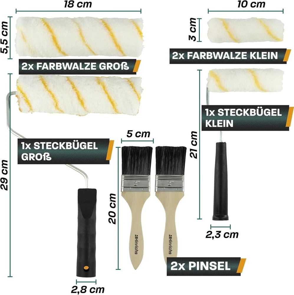 Hinrichs 12 dalių dažymo rinkinys - dažymo volelių rinkinys su dažų padėklu, grandiklio rankena, brezentu, maskavimo juosta, teptuku, dažymo voleliu sienoms, įstatomu laikikliu - dažymo priedai - dažytojo volelių rinkinys
