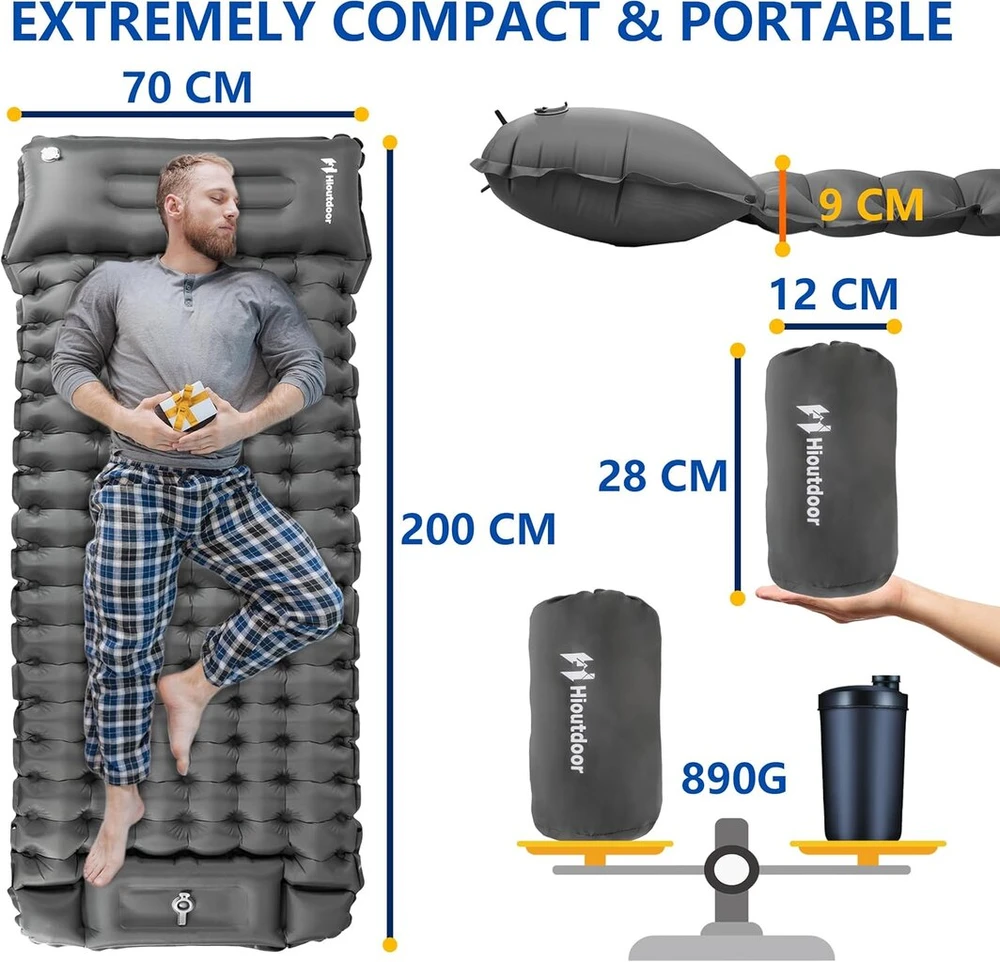 Hioutdoor savaime prisipučiantis miego kilimėlis 10 cm, itin lengvas pripučiamas kilimėlis su kojos paspaudimo pompa/pagalve, skirtas stovyklavimui, žygiams, paplūdimiui, kelionėms su kuprine, palapinei, oro čiužinys, miego kilimėlis, stovyklavimo kilimėl