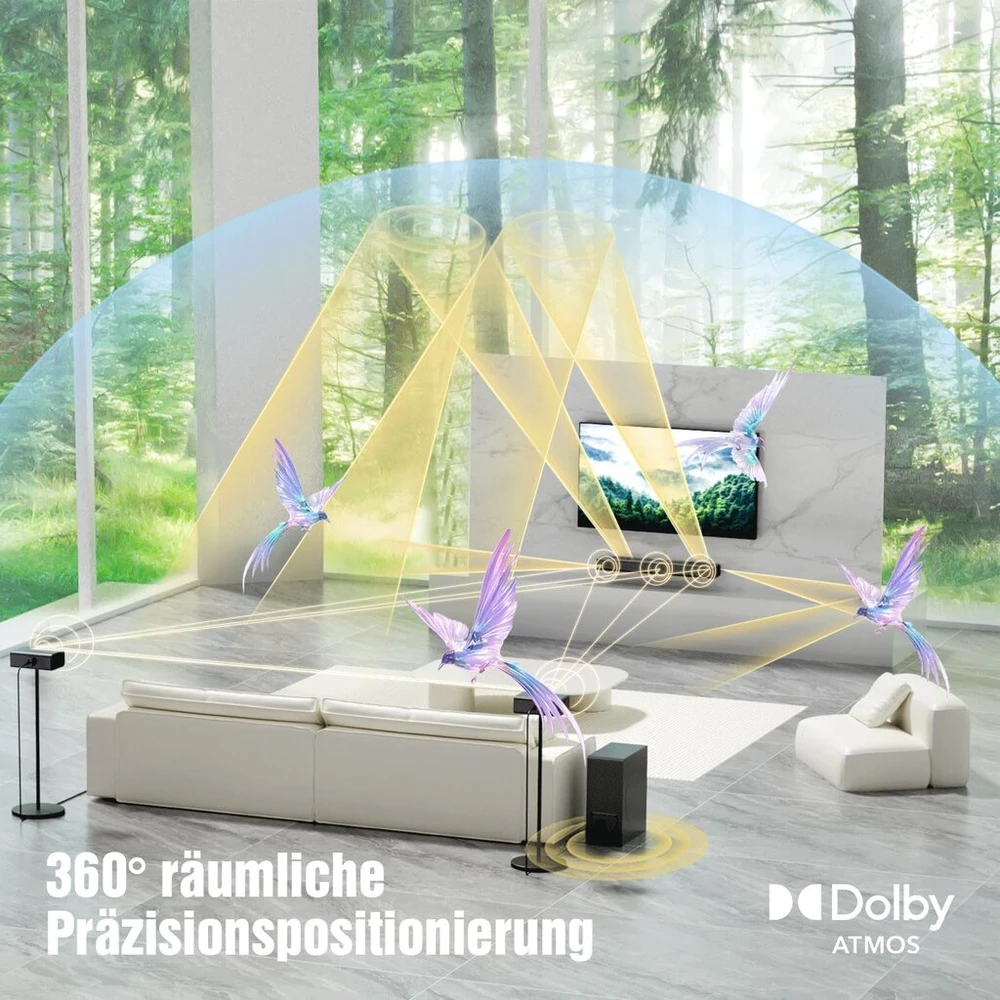 Kompiuterio kolonėlės Hiwill 5.1.2ch Dolby Atmos garso juosta, erdvinio garso sistema televizoriui, garso juosta televizoriams su 6.5 colių žemų dažnių garsiakalbiu, 2 galiniai erdvinio garso garsiakalbiai, 2 aukštyn nukreipti spinduliuojantys tvarkyklės