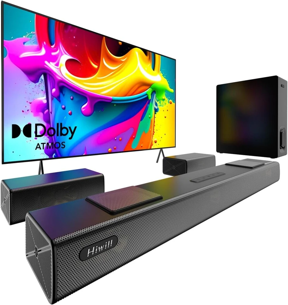 Kompiuterio kolonėlės Hiwill 5.1.2ch Dolby Atmos garso juosta, erdvinio garso sistema televizoriui, garso juosta televizoriams su 6.5 colių žemų dažnių garsiakalbiu, 2 galiniai erdvinio garso garsiakalbiai, 2 aukštyn nukreipti spinduliuojantys tvarkyklės