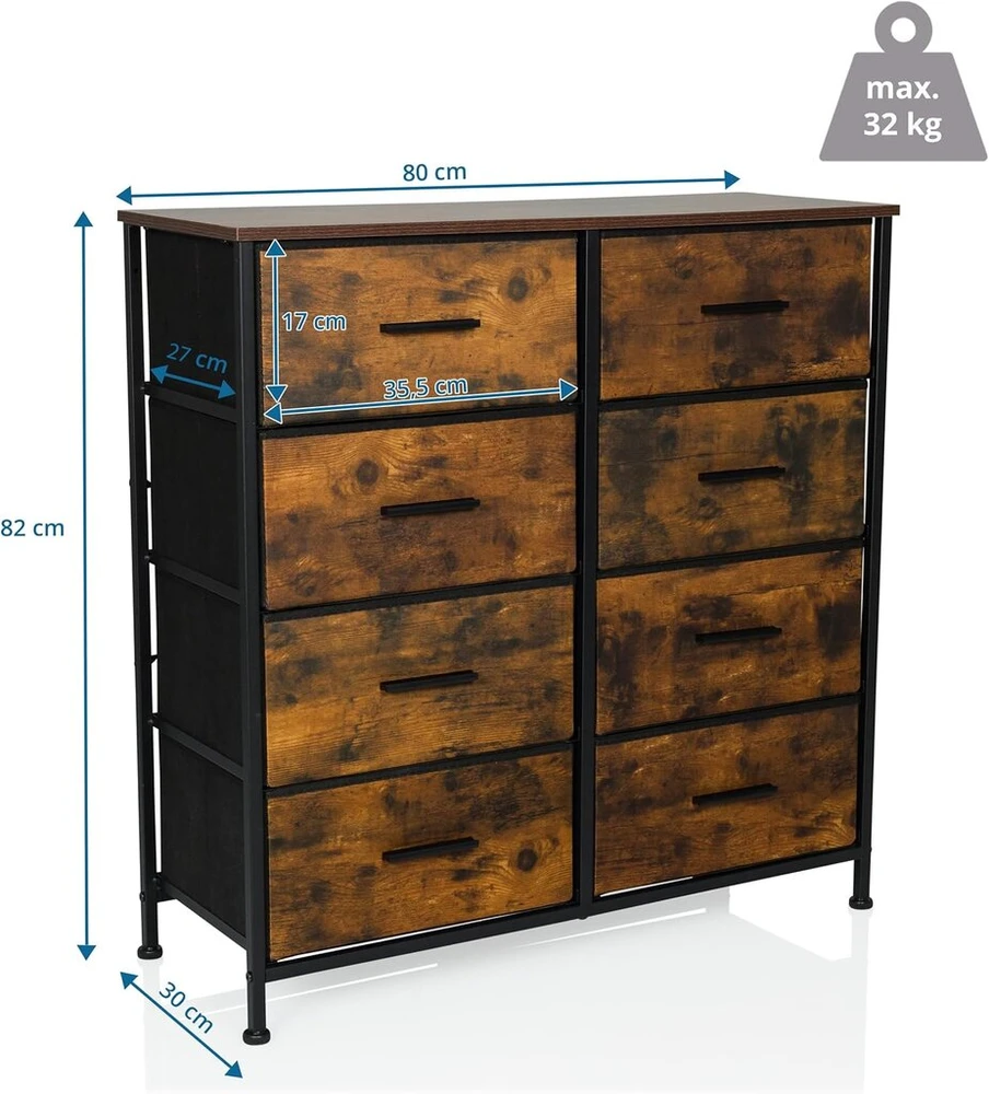 Hjh Living Ragala šviesi komoda su 8 stalčiais 80 x 30 x 82 cm lentynų sistema, šoninė spintelė svetainei, miegamajam, prieškambariui, rūkytas ąžuolas
