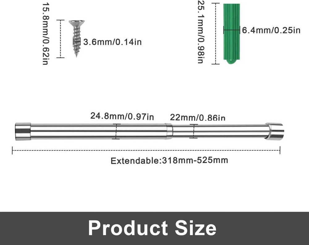 Hjiama Teleskopinis strypas, 31–51 cm nerūdijančio plieno drabužių kabykla spintai, sidabrinė teleskopinė drabužių kabykla, spintoms, sieninėms lentynoms, rankšluosčių kabykla