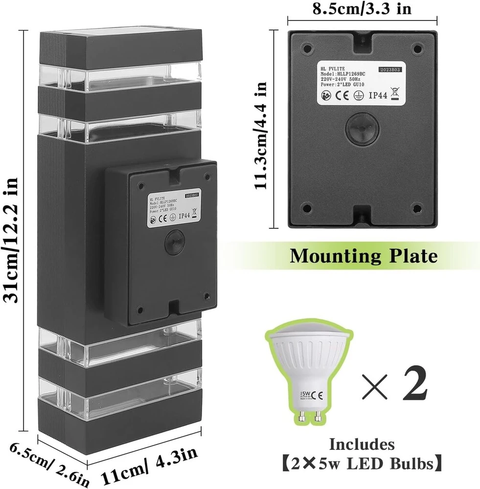 Hlfvlite led lauko sieninis šviestuvas ip65, gu10, šviečiantis į viršų ir apačią, 6500 k, skirtas namo sienai, terasai