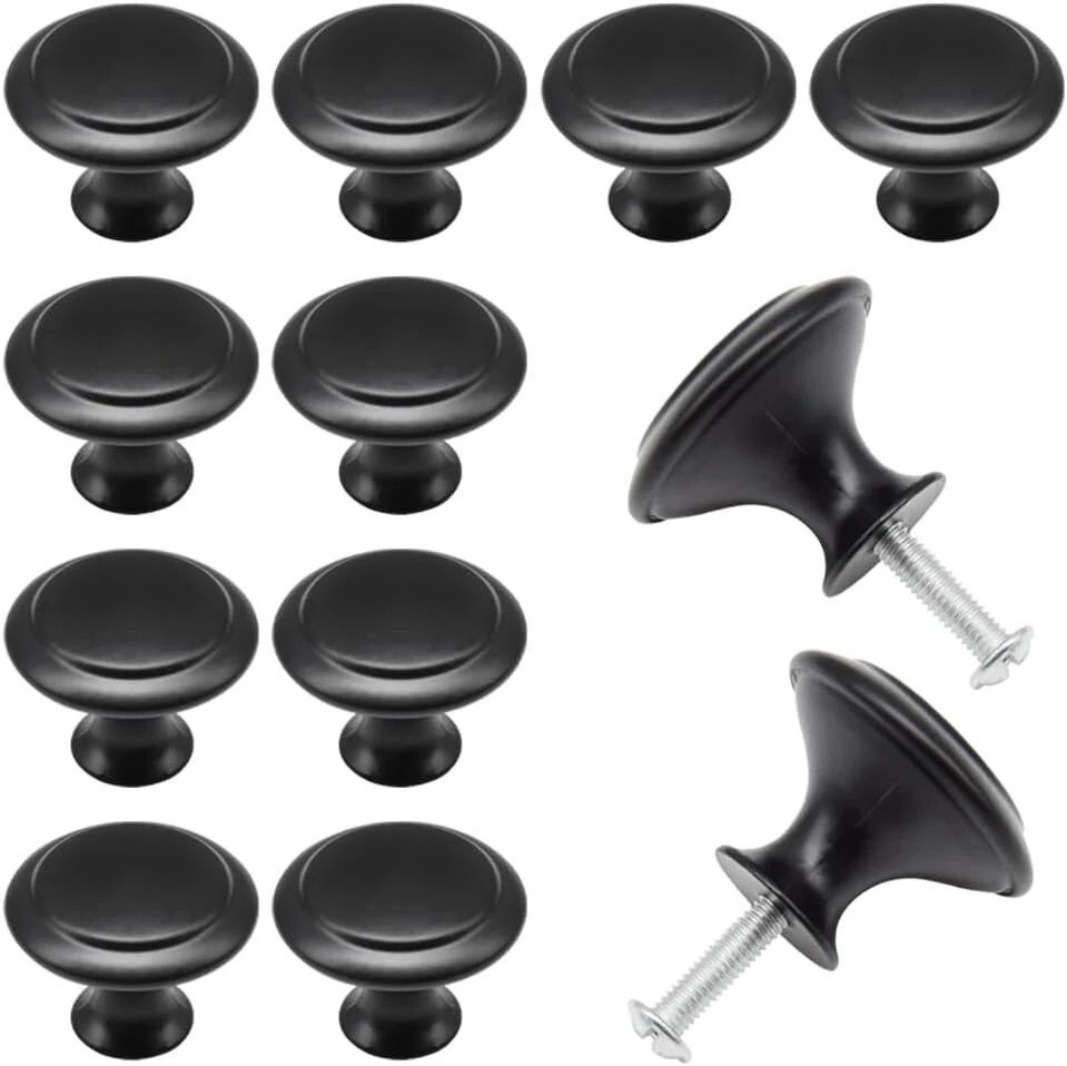 Hocansen 12 vnt. apvalios metalinės 30 mm juodos grybo formos stalčių rankenėlės su tvirtinimo varžtais stalčiams, spintelėms ir komodoms (juoda 27 mm)