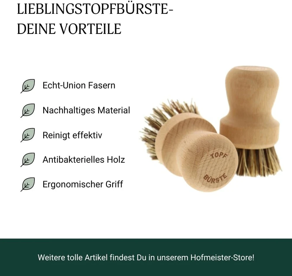 Hofmeister® puodų šepetys, 8 cm, pašalina stiprius nešvarumus nuo puodų ir keptuvių, apsaugo nelimpančią dangą, karščiui atsparūs pluoštai, indų plovimo šepetys pagamintas iš europinio buko medienos