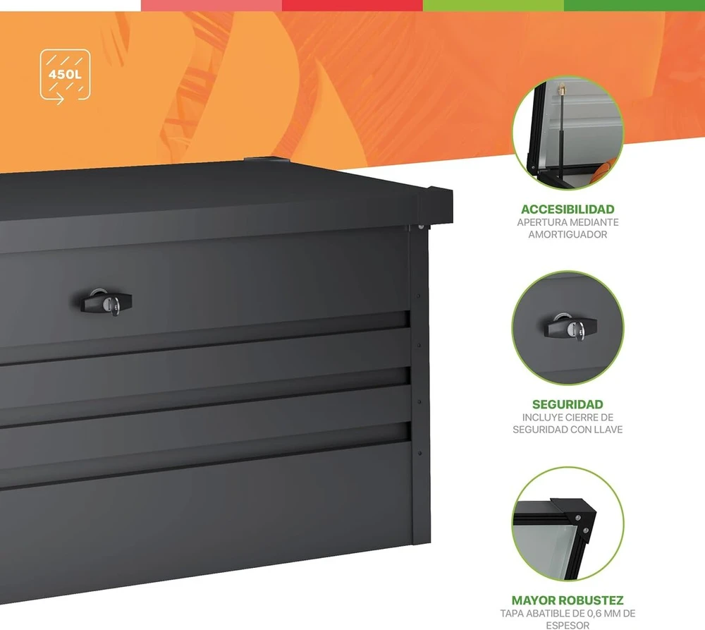 Hoggar metalinė sodo dėžė xl 450 litrų - tvirtas 0,40 mm storis - atspari oro sąlygoms lauke - su raktais - atlenkiamas dangtis - su pagrindu - vandeniui atspari sodo skrynia - 120 x 61 x 62 cm