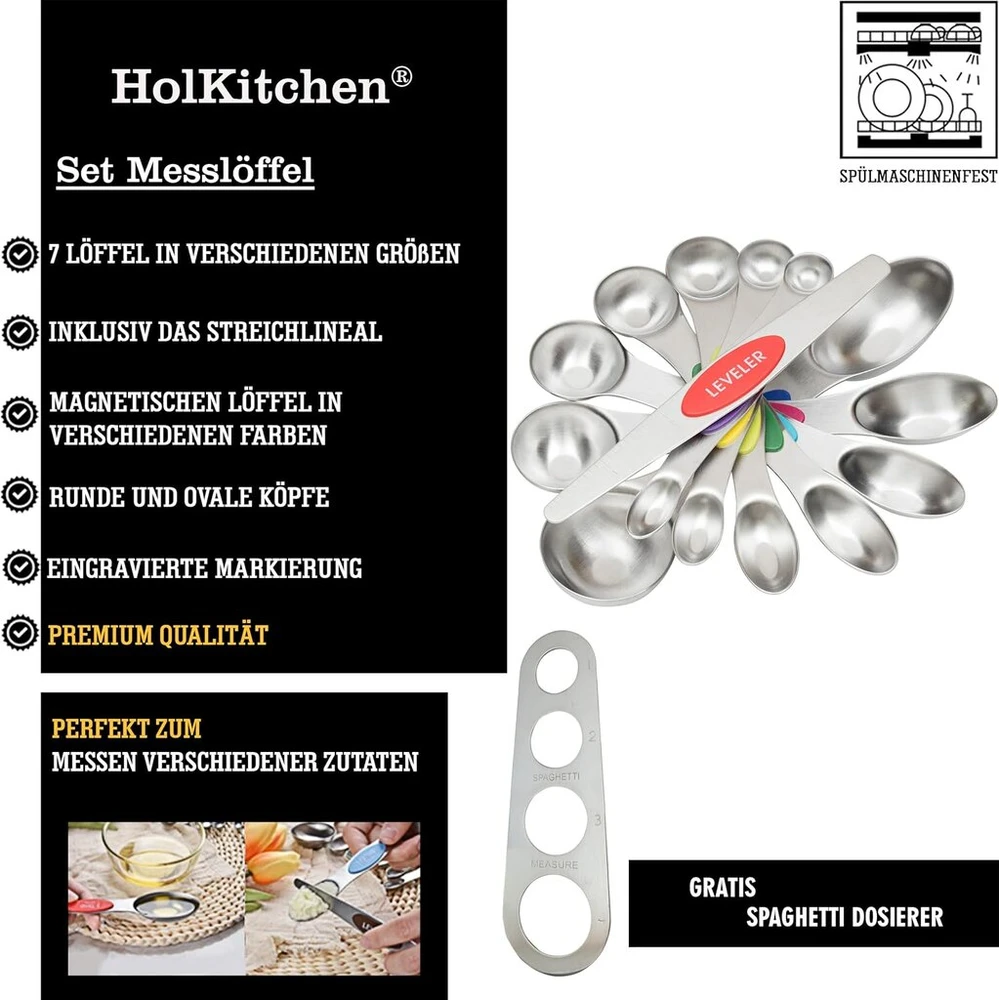 Holkitchen® 9 dalių matavimo šaukštų rinkinys, spagečių kaušeliai, dozavimo šaukštai pagaminti iš magnetinio nerūdijančio plieno, matavimo šaukštai, prieskonių šaukštai, matavimo šaukštų rinkinys kepimo matavimams, sausoms porcijoms/skysčiui