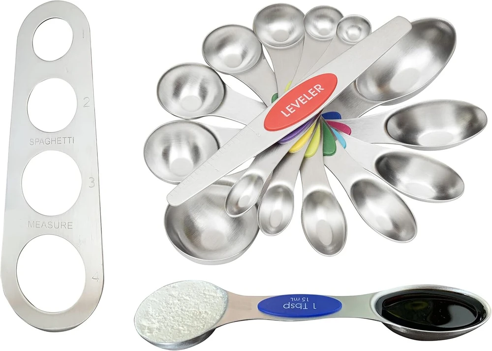Holkitchen® 9 dalių matavimo šaukštų rinkinys, spagečių kaušeliai, dozavimo šaukštai pagaminti iš magnetinio nerūdijančio plieno, matavimo šaukštai, prieskonių šaukštai, matavimo šaukštų rinkinys kepimo matavimams, sausoms porcijoms/skysčiui