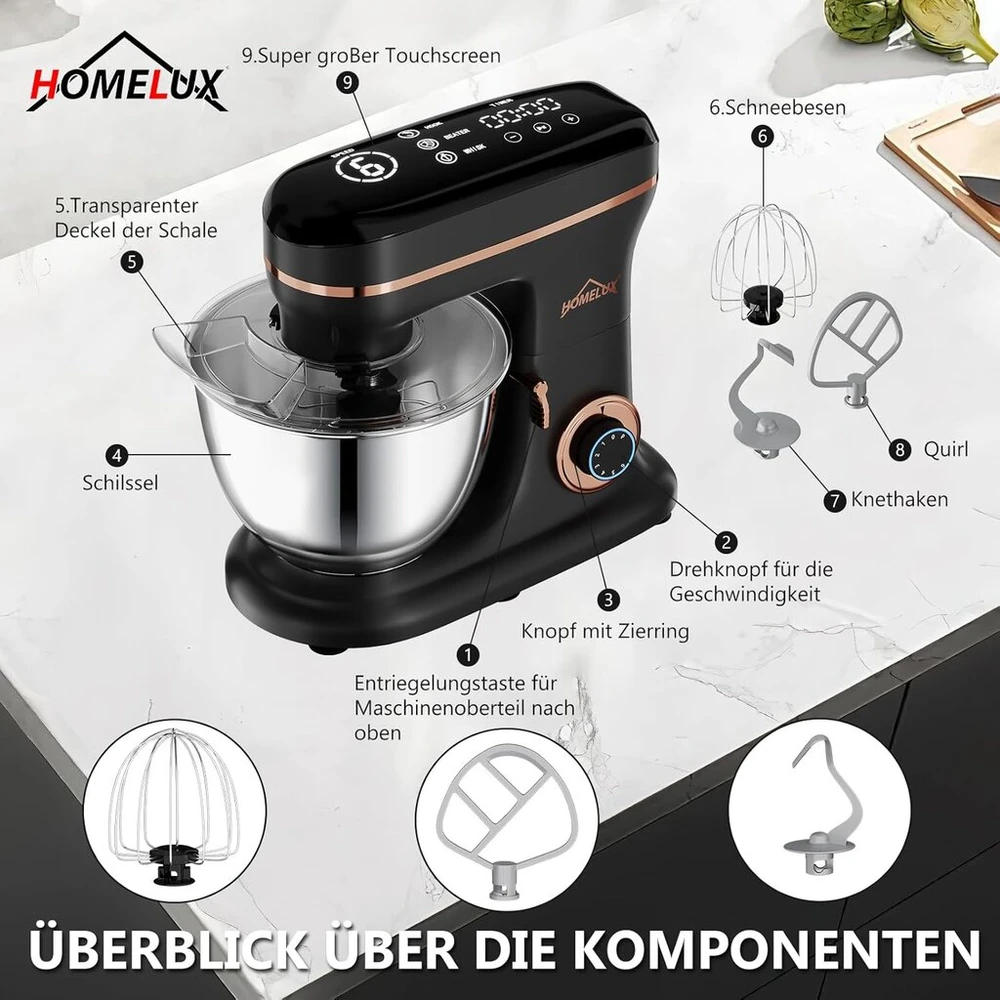 Homelux maisto kombainas 1800 W, minkymo mašina su 8 litrų nerūdijančio plieno dubeniu, 6 greičio lygiai, Led jutiklinis ekranas, šluotelė, tešlos kablys, plakiklis ir apsauga nuo purslų, juodas