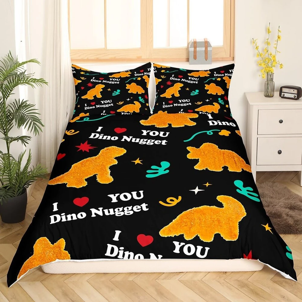 Homemissing kepto viščiuko gabalėlių patalynės komplektas, 155 x 220 cm, vaikiškas mielas dinozaurų antklodės užvalkalų komplektas berniukams, dinozaurų patalynės komplektas, kvėpuojantis viščiuko gabalėlių antklodės užvalkalas, kambario dekoras