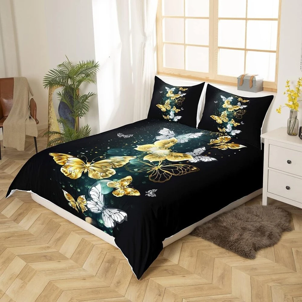 Homemissing patalynės komplektas su drugeliais, 220 x 240 cm, vaikiška patalynė, drugeliai, aukso ir balta spalvos, antklodės užvalkalas, skraidantys gyvūnai, antklodės užvalkalas, prabangus juodas kambario dekoras