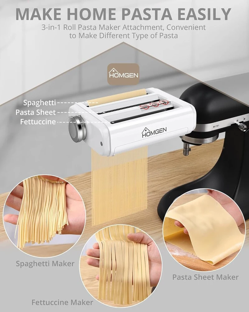 Homgen pastos priedas kitchenaid stacionariam maišytuvui 3-in-1 rinkinys su pastos voleliu, spagečių pjaustykle ir fettuccine pjaustykle, tvirti nerūdijančio plieno priedai, skirti kitchenaid