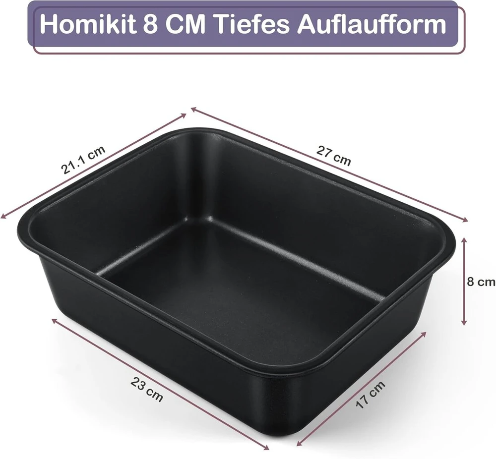 Homikit troškintuvų indas, 8 cm gylio nerūdijančio plieno orkaitės indas su sveika nelimpančia danga, stačiakampė kepimo skarda kepimui, idealiai tinka lazanijai/troškiniams/pyragams, 27 x 21,1 x 8 cm, lengvai valomas