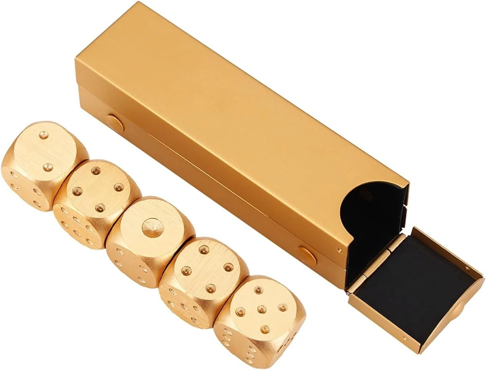 Hominas kauliukų dėžutės rinkinys iš 5 dalių, 5 kauliukai rummy stalo žaidimai žaidimo kubo stalo pokerio žaidimų rinkinys aliuminio lydinio dnd daugiabriaunių kauliukų dėžutės rinkinys kauliukų rinkinys (stačiakampio formos auksinis)