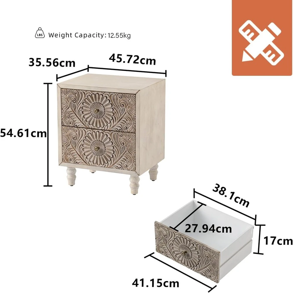 Lova Hompus vintažinis staliukas prie lovos su 2 raižytais stalčiais, boho staliukas, staliukas prie lovos su 4 medinėmis kojelėmis, nedidelė komoda, baltas staliukas šalia lovos miegamajam, svetainei