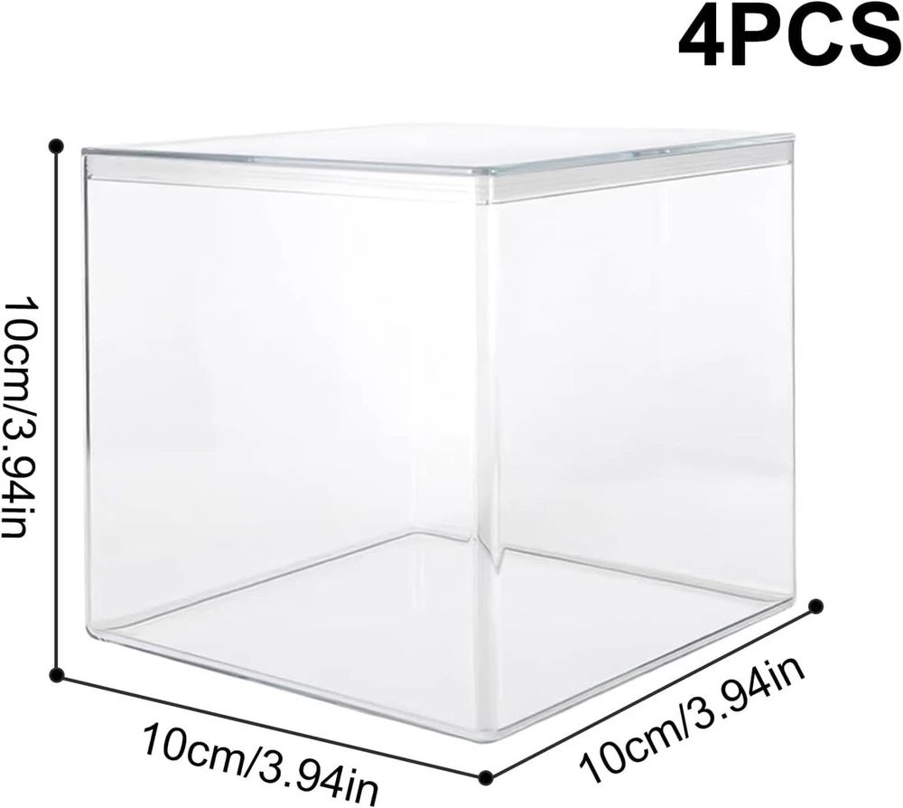 Homury 4 akrilo dėžučių rinkinys su dangteliu: akrilinė kvadratinė kubo maža skaidri dėžutė 10 x 10 x 10 cm, maža skaidri akrilinė kvadratinė dėžutė papuošalams, saugojimui, vitrina ir saldainių pakavimui