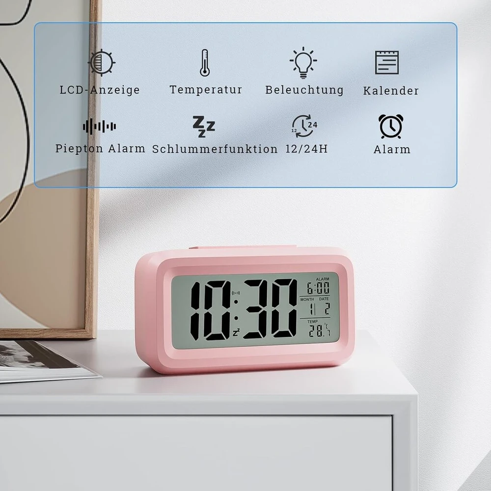Homvilla Žadintuvas, skaitmeninis, maitinamas baterijomis, su temperatūros ekranu, didelis Lcd ekranas, snaudimo funkcija, data, naktinis režimas, garsus žadintuvas giliai miegantiems, rožinis