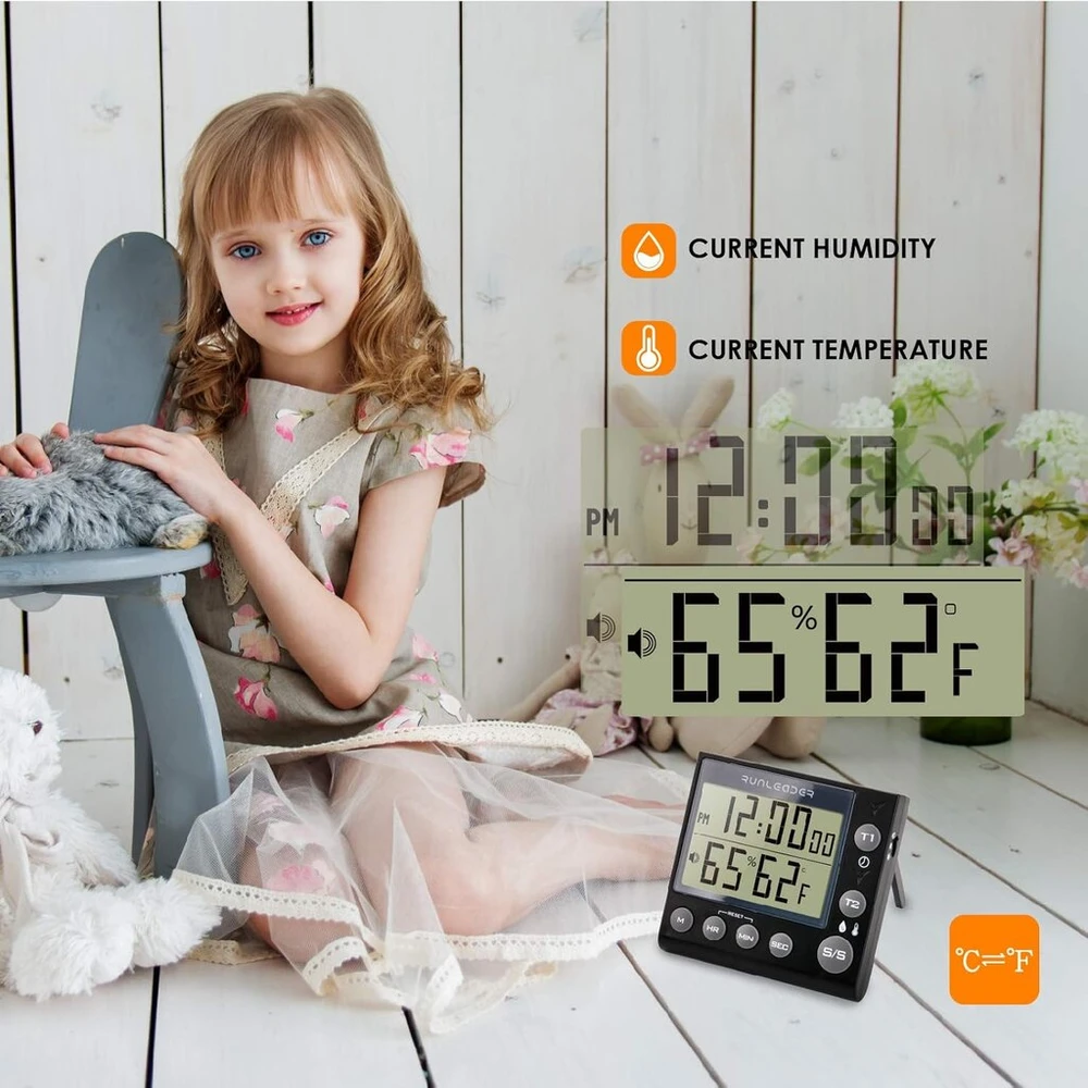 Honormeet skaitmeninis dvigubas virtuvės laikmatis, atgalinis/į viršų skaičiavimas, kasdienis drėgmės ir temperatūros rodymas, priminimo signalas, atmintis gaminimui, kepimui, skaitymui, susitikimams, kasdienėms treniruotėms (juodas)