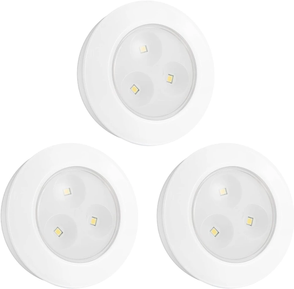 Honwell Led Puck lempos, maitinamos baterijomis, itin plona spaudžiama lempa su 60 liumenų, jutiklinė lempa, klijuojamas apšvietimas po spintele, idealiai tinka spintelėms ir spintoms, 3 vnt., balta