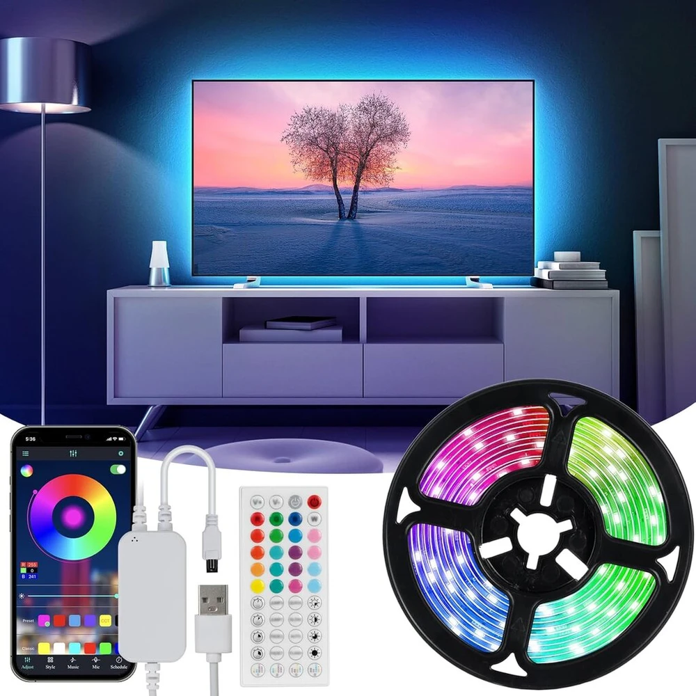 Hoobabuy Led Tv apšvietimas, Led juosta 3 metrai, tinka 40-55 colių televizoriams ir kompiuteriams, valdymas programėle ir nuotolinio valdymo pulteliu, Rgb, 30 šviesos diodų/m, maitinamas per Usb