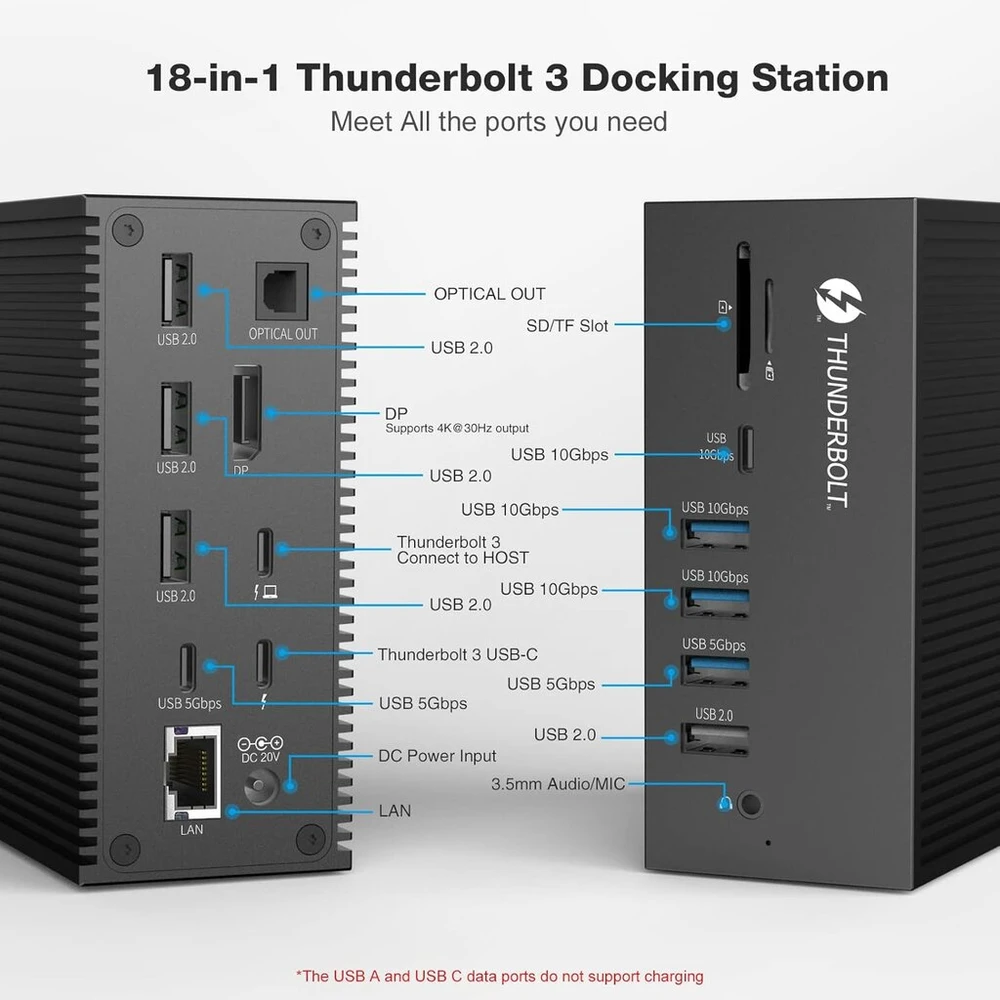 Hopday 18-in-1 Thunderbolt 3 dokas, skirtas Usb-c nešiojamiesiems kompiuteriams, 100w įvestis, įkrovimas nešiojamam kompiuteriui, telefonui, 8k Dp, 1 Gbps Ethernet, audio, Usb-a 10gbs, Usb-c 10gbs, Sd/tf, optinė išvestis (juodas)