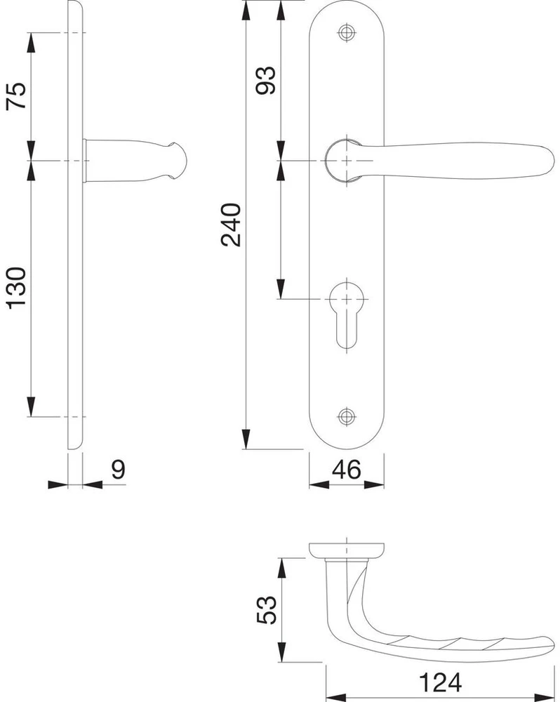 Hoppe Verona svirtis ant ilgos plokštelės cilindro spynos išėmimas 88 mm durų storiui 37–47 mm, anoduotas sidabras