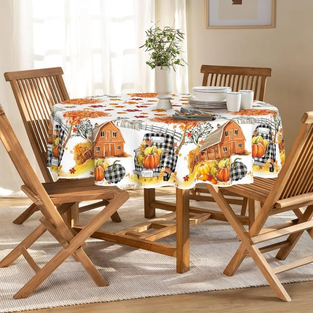 Horaldaily rudens staltiesė 150 x 150 cm apvali padėkos dienos rudens derliaus sunkvežimio namas juoda languota staltiesė vakarėliui iškylai vakarienės dekoras