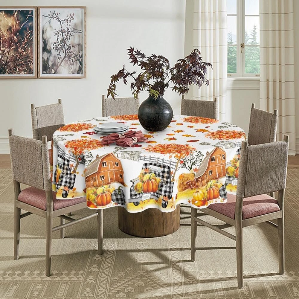 Horaldaily rudens staltiesė 150 x 150 cm apvali padėkos dienos rudens derliaus sunkvežimio namas juoda languota staltiesė vakarėliui iškylai vakarienės dekoras