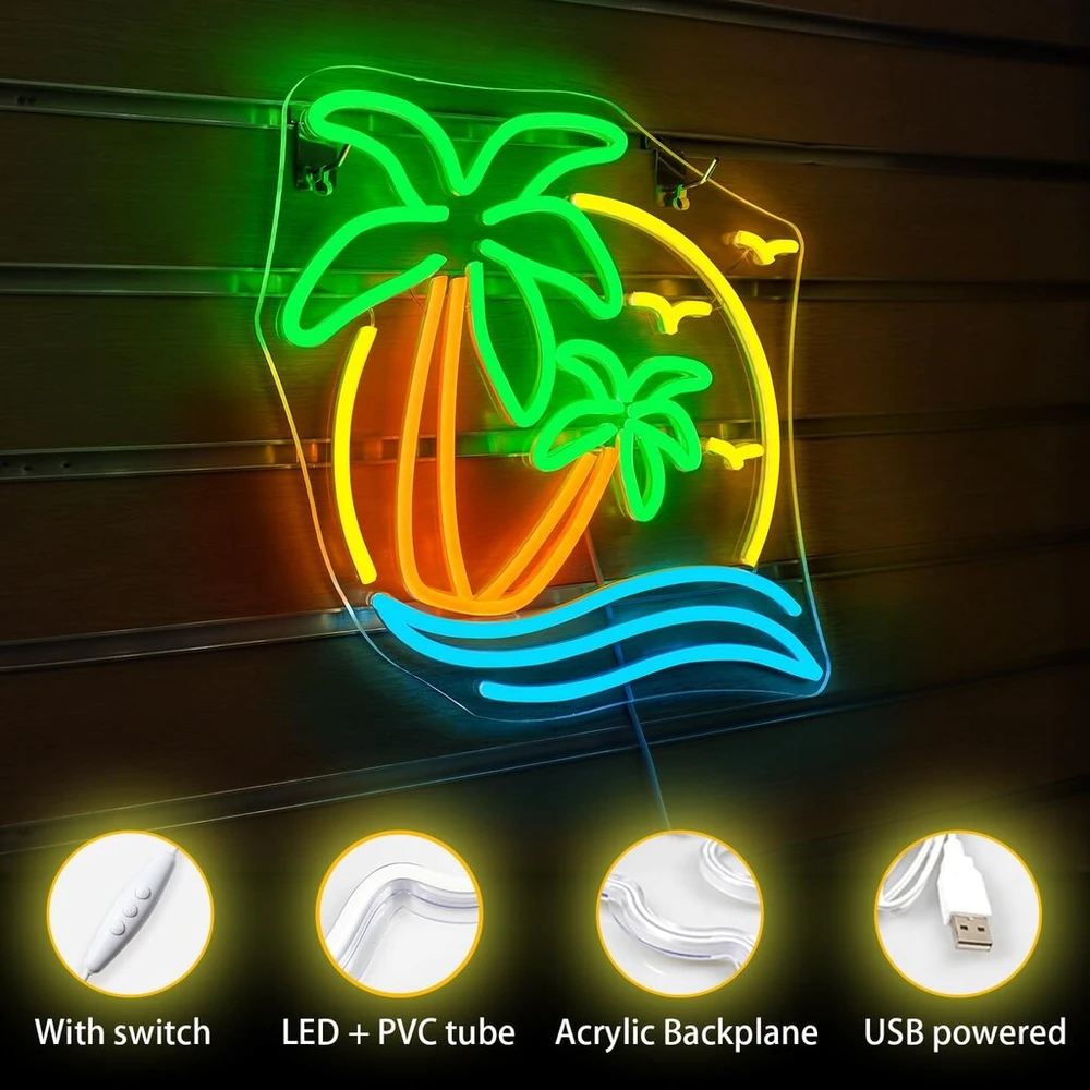 Horseneon neoninis ženklas su kokoso palmės atvaizdu, neoninis ženklas su kokoso palmės jūra, neoninis led su usb jungtimi, kokoso palmės šviesa, reklama miegamajam, vasaros paplūdimiui, alaus bistro klubui