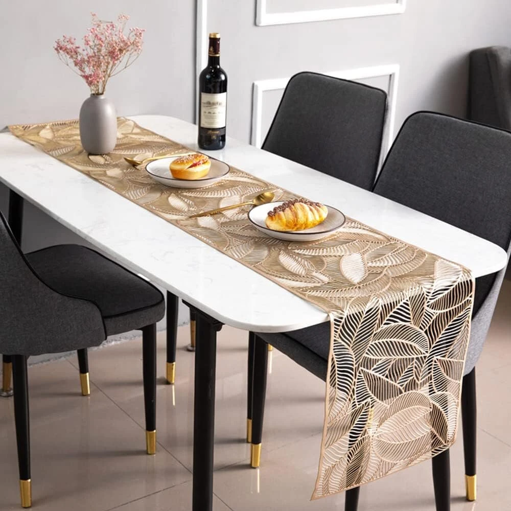 Hosoncovy Pvc stalo takelis su išpjovomis, neslystantis, dekoratyvinis padėkliukas su lapais namų vakarėliams, virtuvei, valgomajam, vestuvių dekoravimui (180cm*35cm) (auksinis)
