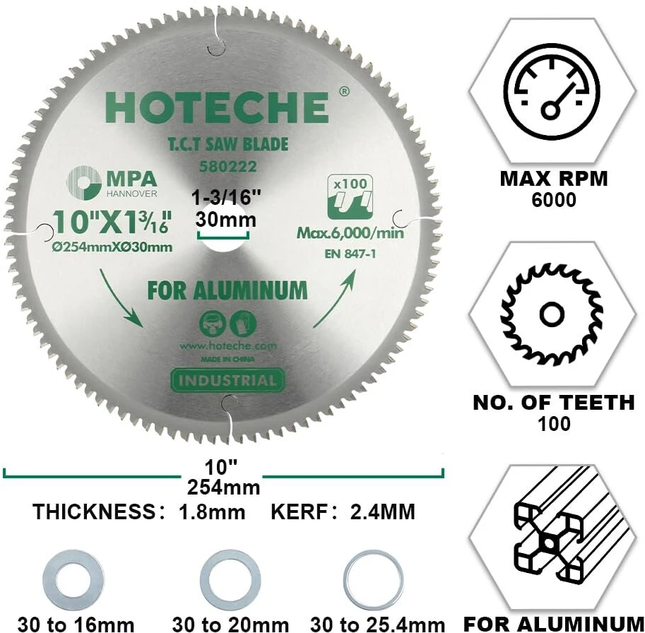 Hoteche tct diskinis pjūklo diskas 254 x 30 x 100t, skirtas tiksliam aliuminio ir plastiko pjovimui, su sk5 pagrindu, 1,8 mm storio, 100 dantų oke402 pjovimo galvute, maks. 6000 aps./min., įskaitant 3 poveržles