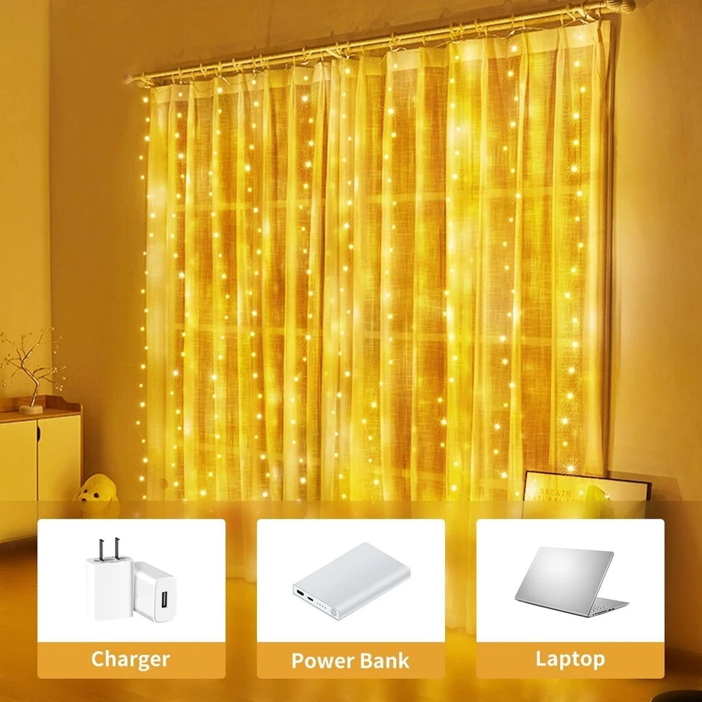 Hoteril Led Usb šviesos užuolaida 3 x 3 m, 300 Led girlianda su 8 režimais, Ip65, nuotolinio valdymo pultelis su laikmačiu, skirta dekoravimui, sodui, vidaus apšvietimui, pavėsinei, vakarėliui