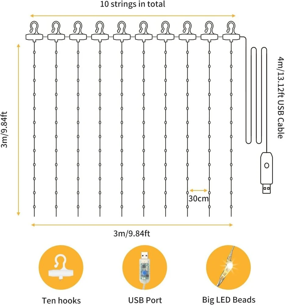Hoteril Led Usb šviesos užuolaida 3 x 3 m, 300 Led girlianda su 8 režimais, Ip65, nuotolinio valdymo pultelis su laikmačiu, skirta dekoravimui, sodui, vidaus apšvietimui, pavėsinei, vakarėliui