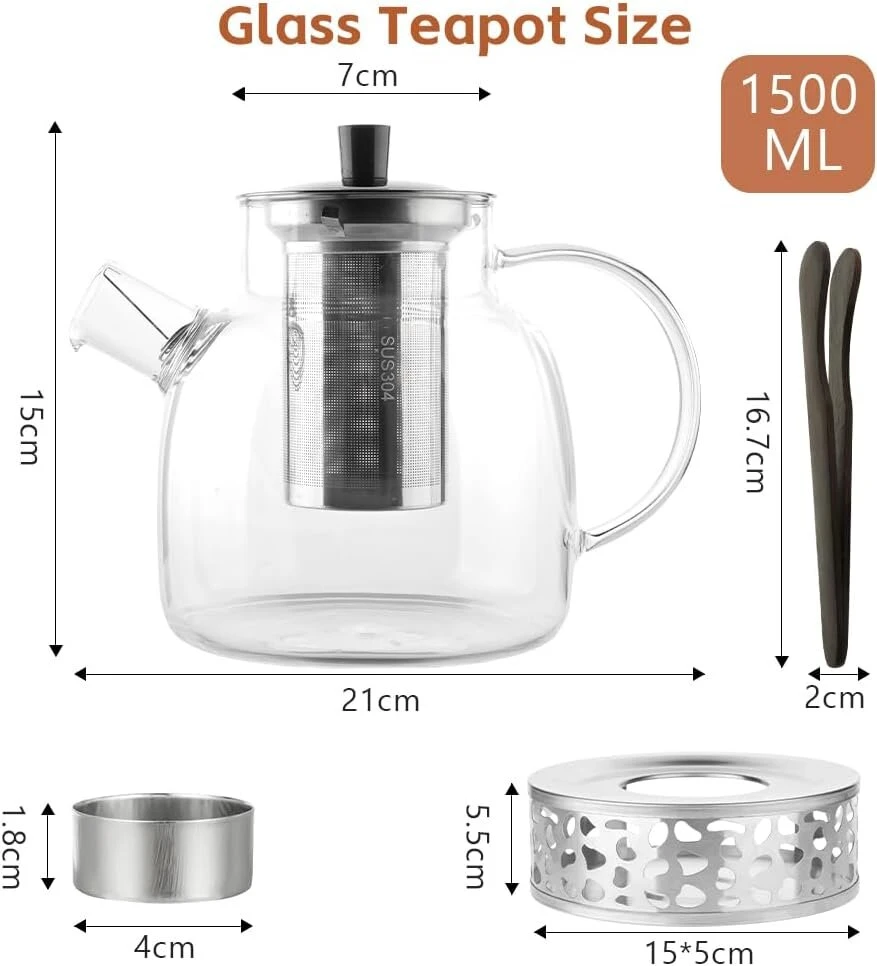 Virdulys Hotut stiklinis arbatinukas 1500 ml, stiklinis arbatinukas su sietelio įdėklu ir šildytuvu, borosilikatinio stiklo arbatinukas, karščiui atsparus stiklinis ąsotis, arbatinukas birioms arbatoms, žolelių arbatai ruošti