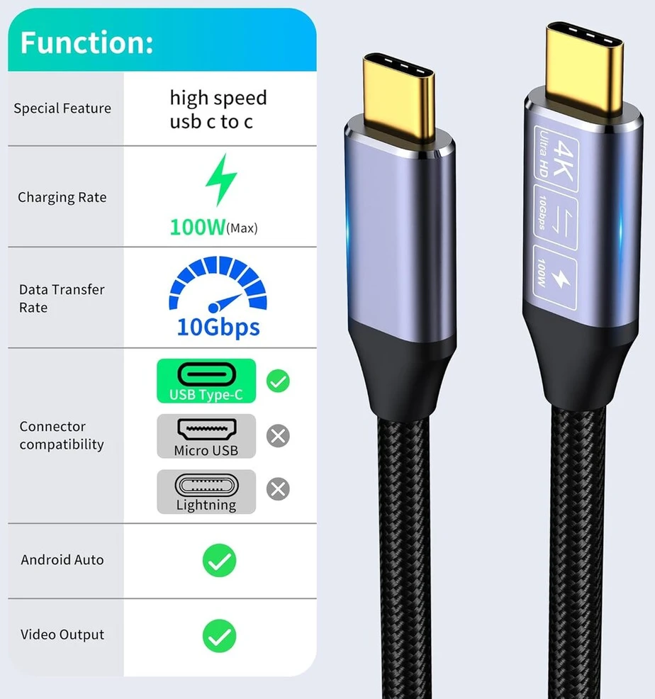 Hotutuki usb c duomenų perdavimo kabelis 5 m, 10 gbps duomenų perdavimas, usb 3.1 gen2 type c įkrovimo kabelis, ilgas usb c kabelis, 100 w 20 v/5 a greito įkrovimo kabelis, 4k @ 60 hz vaizdo perdavimas monitoriui, usb c 5 m