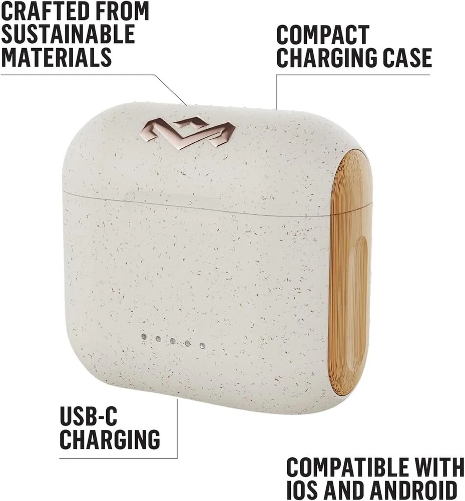 House of Marley Rebel ausinės į ausis su bluetooth, tvariai pagamintos, belaidis garsas, įkraunamos ir su jutikliniu valdymu, 30 valandų grojimo laikas su elegantišku ir nešiojamu įkrovimo dėklu