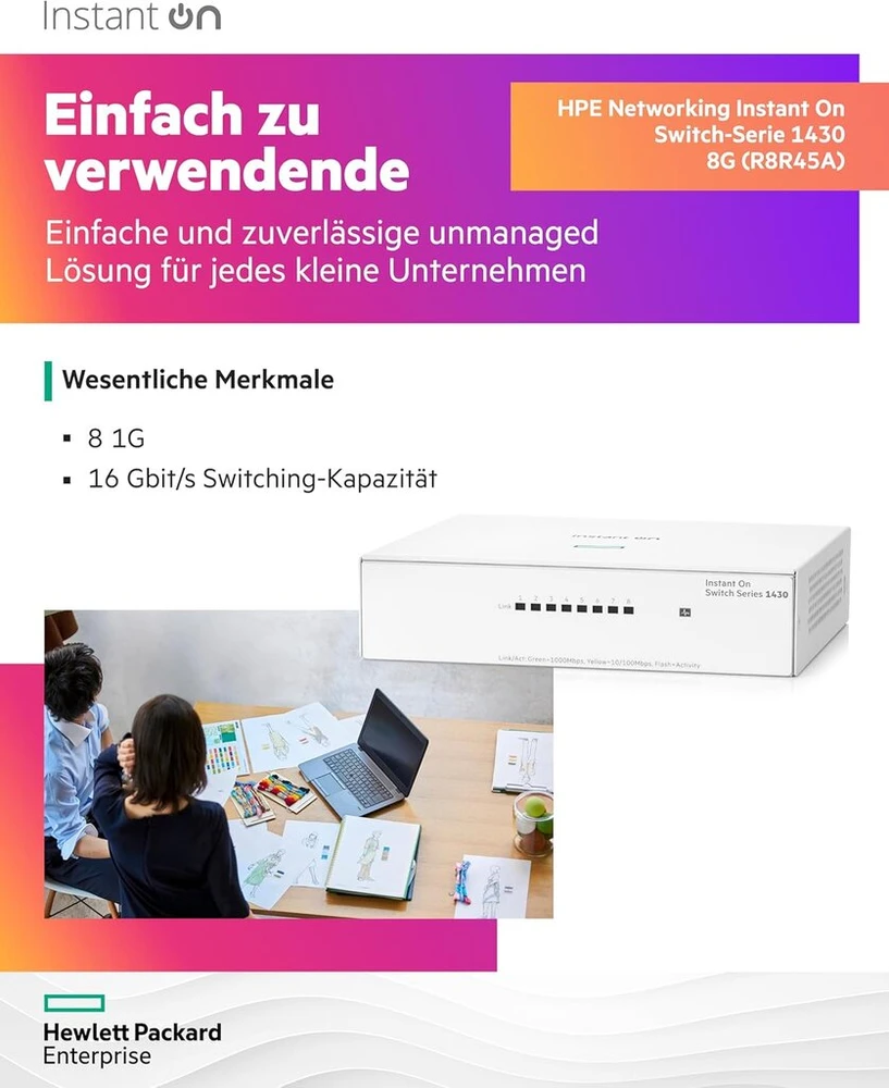 Hpe Networking Instant On Switch Series 1430 - nevaldomas 2 sluoksnio ethernet komutatorius su 8 prievadų gb | 8x 1g | be ventiliatoriaus | eu kabelis (r8r45a#abb)