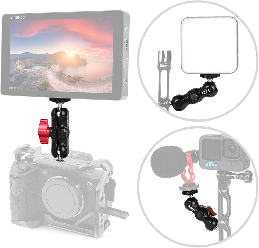 Objektyvas Hsu aliuminio lydinio dvigubos galvutės adapteris, magic arm su 1/4" sriegiu dslr kamerai