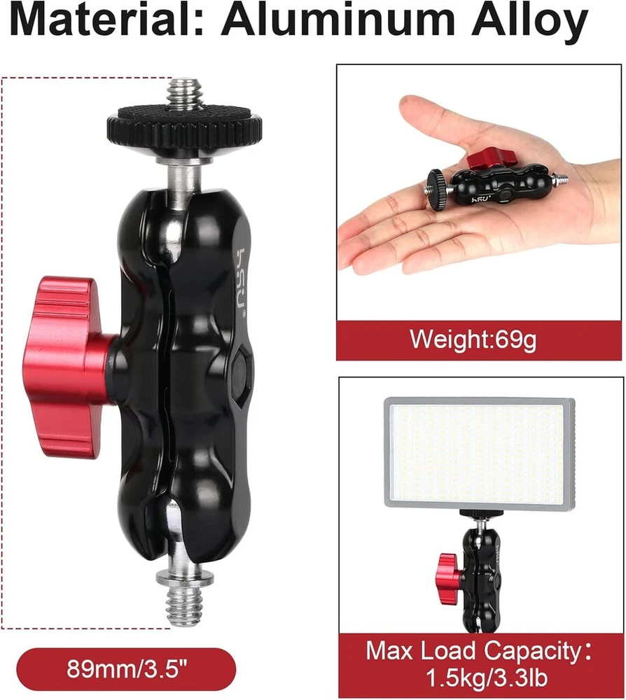 Objektyvas Hsu aliuminio lydinio dvigubos galvutės adapteris, magic arm su 1/4" sriegiu dslr kamerai