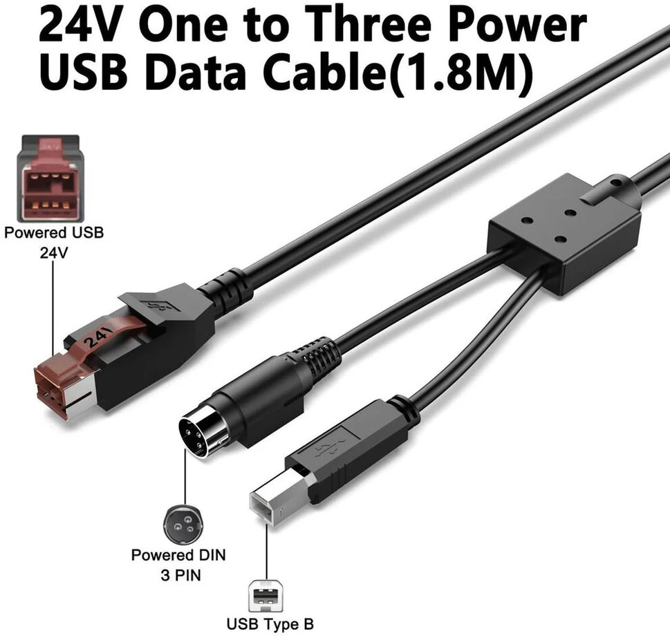 Htguoji 24 V maitinamas usb į usb type b 3 kontaktų brūkšninių kodų skaitytuvo kabelis, 24 V vienas į tris maitinimo y skirstytuvo usb spausdintuvo duomenų kabelis, skirtas aures epson digipos epos pos sistemoms epos spausdintuvams (2 metrai)