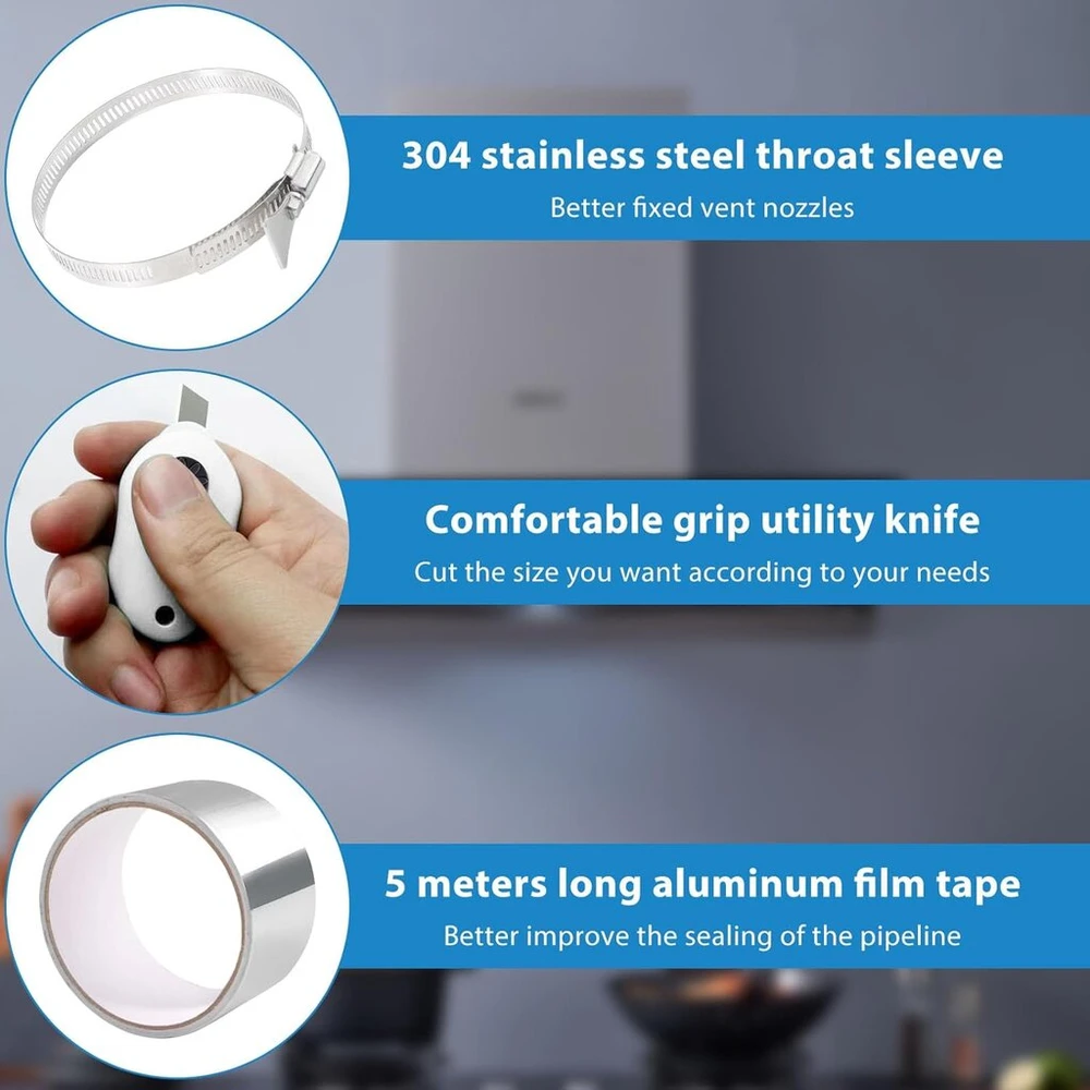 Httyht Išmetimo žarna Pvc lanksti, skersmuo 80 mm, 4,5 m, juoda su aliuminio juosta 50 mm x 5 m ir 2 žarnos spaustukais, nerūdijančio plieno ventiliacijos žarna, aliumininė, skirta oro kondicionieriui, džiovintuvui, ištraukimo ventiliatoriui