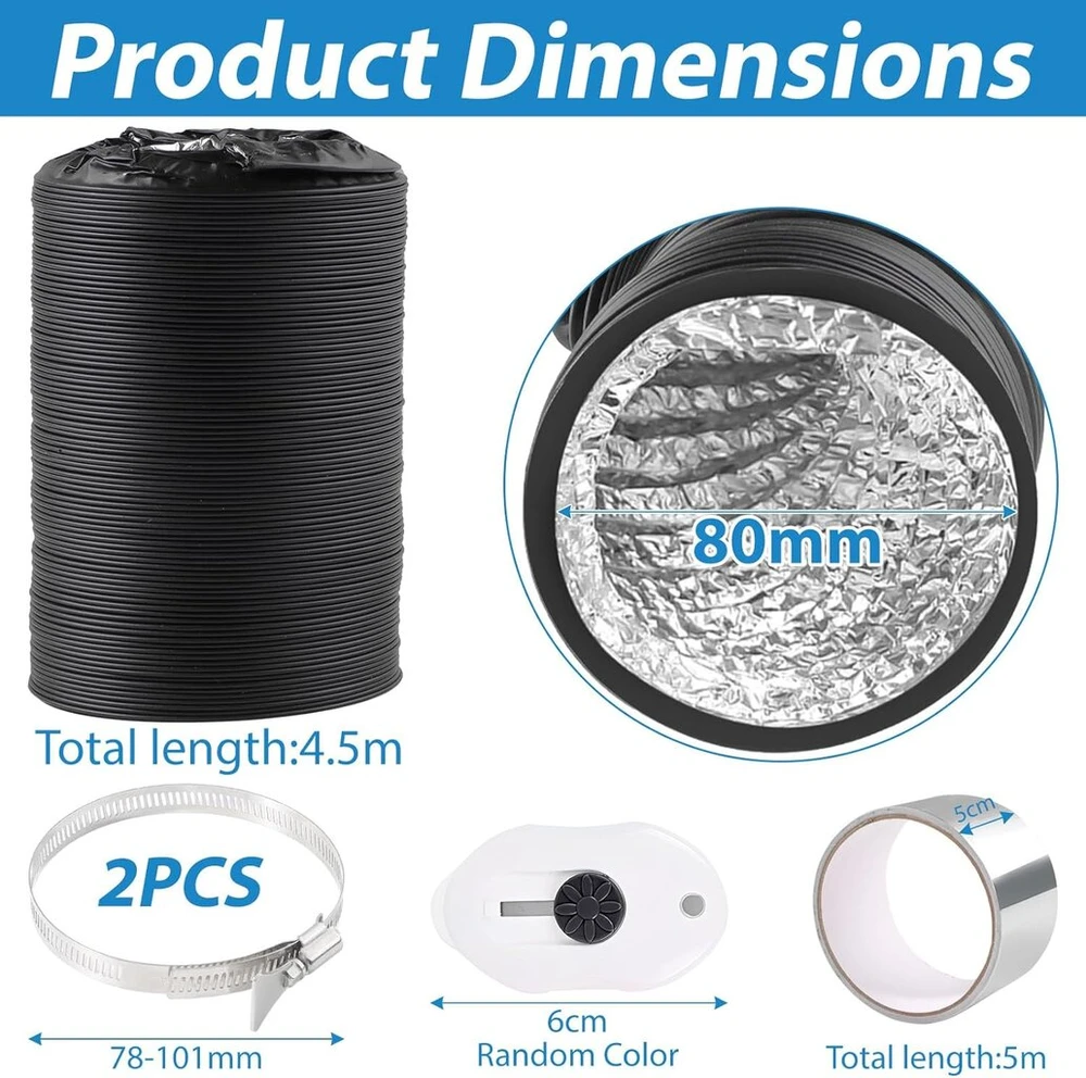 Httyht Išmetimo žarna Pvc lanksti, skersmuo 80 mm, 4,5 m, juoda su aliuminio juosta 50 mm x 5 m ir 2 žarnos spaustukais, nerūdijančio plieno ventiliacijos žarna, aliumininė, skirta oro kondicionieriui, džiovintuvui, ištraukimo ventiliatoriui